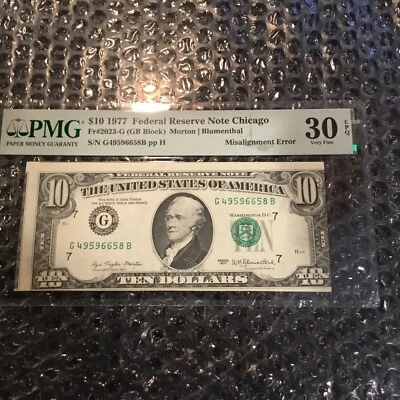 $ 10 1977 Federal Reserve Note Chicago PMG 30  MISALIGNMENT ERROR  - Image 1 of 4