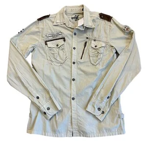 XRAY JEANS Long Sleeve Green Button Shirt L Patches Studded BUCKLE Store NWT - Picture 1 of 11