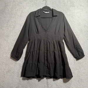 Zara Tiered Mini Shirt Dress Size Large Long Sleeve Black Button Front - Picture 1 of 6