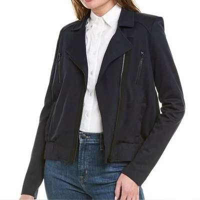 CABI CHANCE MOTO JACKET NAVY BLUE BLACK TRIM CONTRAST FABRIC BACK WOMENS SMALL - Image 1 of 4