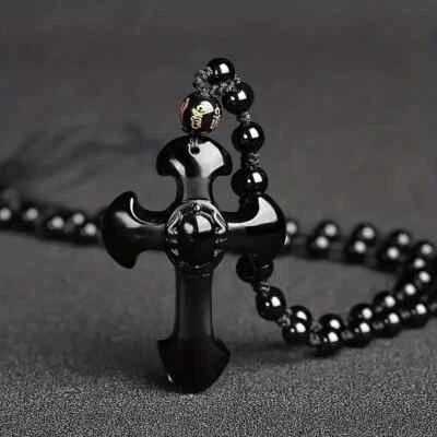 Classic Cross Black Obsidian Pendant Necklace Fashion Amulet Men Women Christian - Image 1 of 4