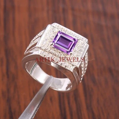 Natural Amethyst Gemstone with 925 Sterling Silver Ring for Men's #5331 - Image 1 of 4