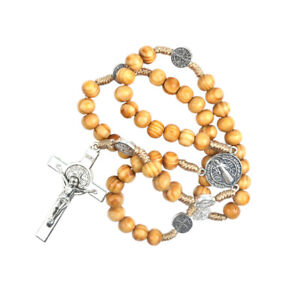 Katholische Holzperlen Halskette mit Kreuzanhänger - Religiöses Ornament (42cm)