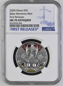 2024 Ghana 1 oz Silver Antiqued Biker Memento Mori NGC MS 70 Antiqued FR - Picture 1 of 2