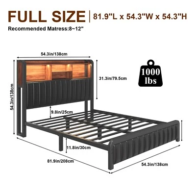 Full Queen Bed Frame with 3-Tier Storage Headboard and PU Leather - Image 1 of 4