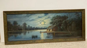 Antique 11x26” Framed “Moonlight Over Cabin Pond” Original Art On Hardboard - Picture 1 of 9
