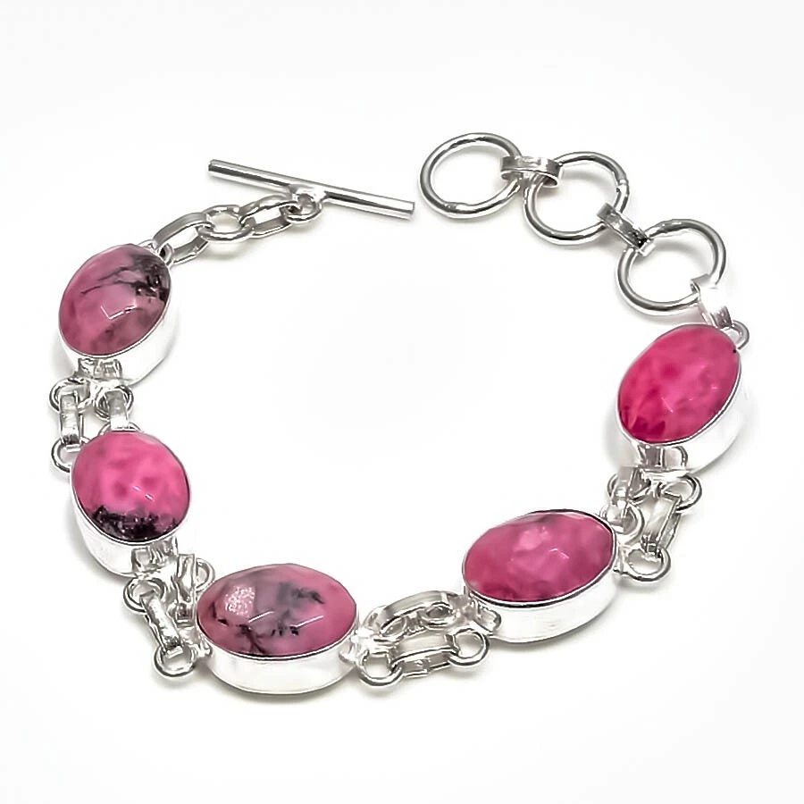 Brazalete de joyería de plata de ley 925 hecho a mano con piedras preciosas de rodonita natural talla 7-8" Foto 1 de 1