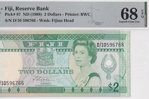 FIJI-2 DOLLARS-1988-PICK 87-S/N 596766 **PMG 68 EPQ SUPERB GEM UNC**TOP POP** - Picture 1 of 3