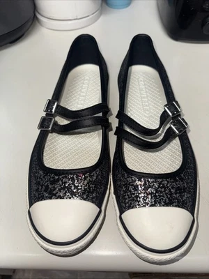 Mujer 10.5 Converse Delicado Mary Jane Zapato Sin Cordones Brillo Negro Plano Bajo A12902C Foto 1 de 4