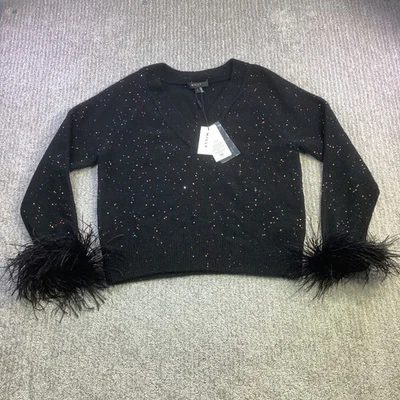 Suéter MILLY Negro Puño Pluma Lentejuelas Cuello en V Talla S Nuevo con Etiquetas Foto 1 de 4