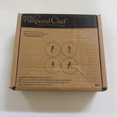 NIB Pampered Chef Glass Snowmen Round Appetizer Plates Christmas Set of 4 - Image 1 of 4