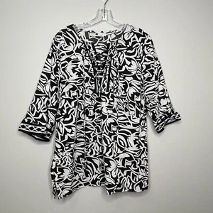 Carole Little Linen Tunic Women's 1X Plus Black White Blouse Shirt Top Beach - Picture 1 of 6