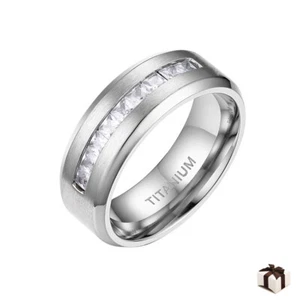 8mm Titanium Mens Princess Cut CZ Brushed Center Wedding Ring Band Size 6-15 - Picture 1 of 12