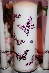 Hot Pink Metallic Foil Butterfly Wedding White Unity Candle Set Tapers - Picture 1 of 1