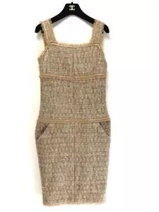 CHANEL Tweed Fringe Dress Gold Silver Lame Logo Matt Silver M - Picture 1 of 10
