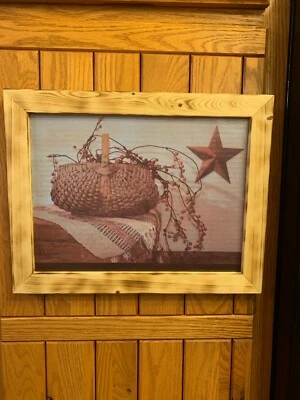 Handmade Primitive Farmhouse Antique Basket with Berry Vine Star Framed Picture  - Image 1 of 2