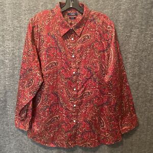 Chaps No Iron Shirt Womens 2X Red Paisley Long Sleeve Button Up Top Career