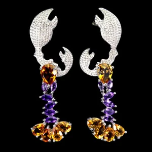 925 Sterling Silver Earrings Pear Citrine Amethyst Gemstone Lobster Jewelry - Picture 1 of 14