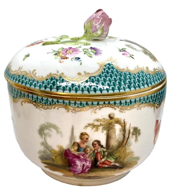ANTIGUO CUENCO DE AZÚCAR CUBIERTO MEISSEN Porcelana 5" Tapa Acabado Rosa Espadas Cruzadas  Foto 1 de 4