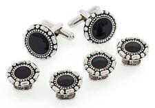 Antique Silver Plate with a Black Center Accent Tuxedo Cufflinks and Studs