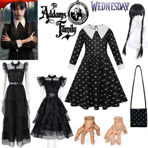 Wednesday The Addams Family Costume Girls Adams Fancy Dress Wig Party Outfit LOT