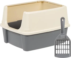 Large Cat Litter Box with High Sides,Open Top With Scoop Easy Clean Grey/Beige - Picture 1 of 9