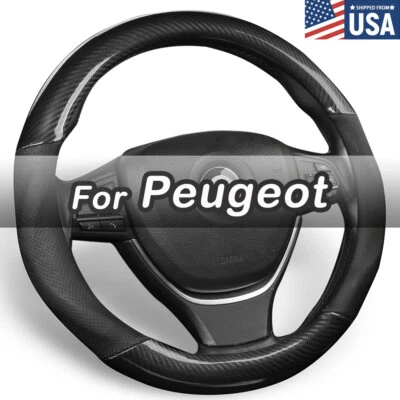 15'' For Peugeot Steering Wheel Cover Carbon Fiber & Deluxe Leather Accessories - Image 1 of 4