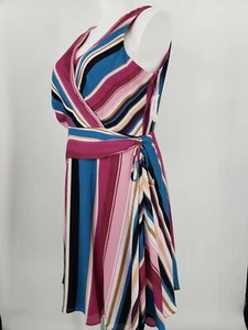 New Roz & Ali Faux Wrap Midi Dress Striped Side Tie Ruched Size 14W Plus - Picture 1 of 5