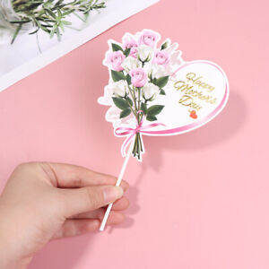 10pcs Happy Mother`s Day Cake Topper Pink Heart Flower Rose Toppers Cupcake Dess