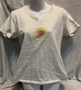 Camiseta Life Is Good Para Mujer Cuello en V Talla M Blanca Clásica Manga Corta Flor - Imagen 1 de 16