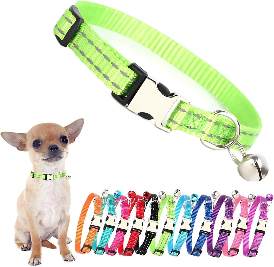 Small Dog Collar with Bell, Green Reflective Male Cat Collars Nylon Metal Buckle - Image 1 of 4