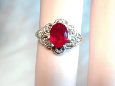 Lab Red Ruby Size 6.5 Ring 925 Sterling Silver Vint Style USA Made - Image 1 of 4