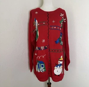 Maglione natalizio vintage donna grande rosso perline anni 90 festa festa - Foto 1 di 7
