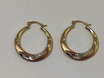 Brand New 10k Yellow Rose & White Gold Graduated Twist Hoop Earrings - Image 1 of 4