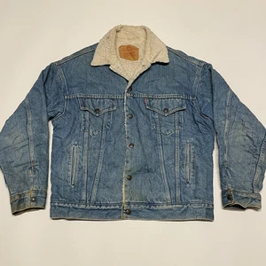 Levis Denim Jacket Mens Medium Blue Sherpa Faux Fur Borg Distressed Vintage USA - Picture 1 of 14