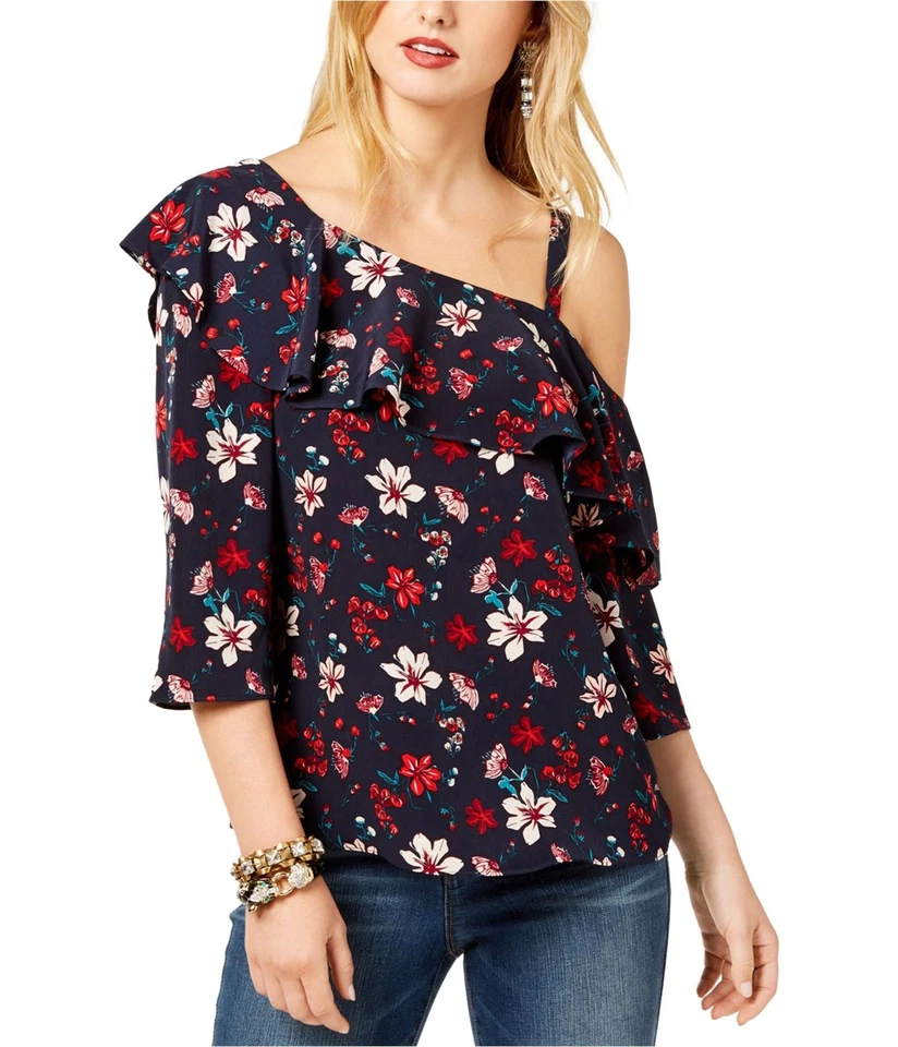 Rachel Zoe Womens 1028 Navy Floral Print One Shoulder Top M B B