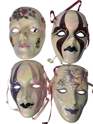 Lot 4 Hand-Made Venetian Ceramic Masquerade Masks Gloss Finish Floral Harlequin - Image 1 of 4