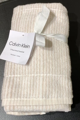Calvin Klein Set OF 2 Hand Towel Striped 100% Absorbent Cotton Lin/Wht 16X30 - Image 1 of 4