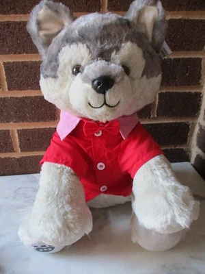 Build a Bear Wolf Pup Dog 12” Gray/Ivory -Color Block Button Shirt-Red Bow Tie - Image 1 of 4