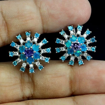 925 Sterling Silver Earrings Round Tanzanite 4mm Blue Opal Gemstone Jewelry - Image 1 of 4