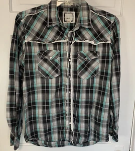 BKE Buckle Western Men Medium White Green Plaid Slim Fit Pearl Snaps Long Sleeve - Picture 1 of 7
