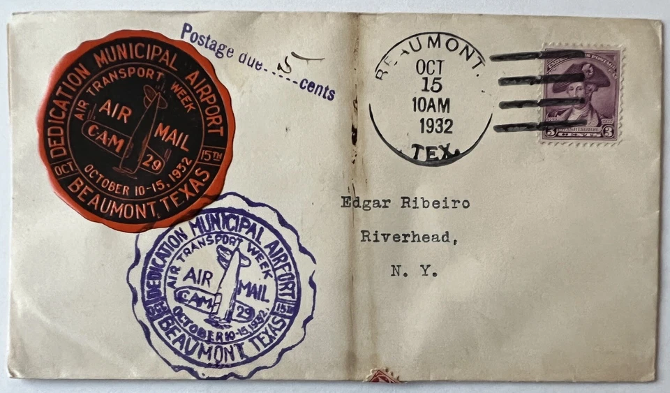 RARE 1932 TEXAS COVER BEAUMONT MUNICIPAL AIRPORT SEAL TO NEW YORK POSTAGE DUE 5C - Image 1 of 3