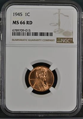1945 P Small Cents Lincoln, Wheat Ears Reverse NGC MS-66 RD - Image 1 of 2