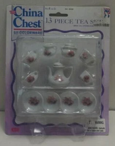 Miniature Tea Set 13pc NIP 1992 China Chest Colorware NIP pink bells CDI - Picture 1 of 3