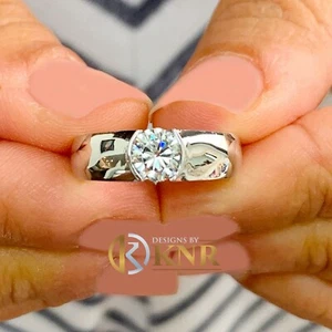 Round Moissanite Engagement Ring Semi Bezel Solitaire 14k Solid White Gold 0.90 - Picture 1 of 8