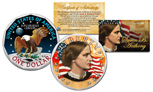 SUSAN B. ANTHONY Genuine One-Dollar Coin w/ Coin Capsule & COA * Color 2-SIDED *