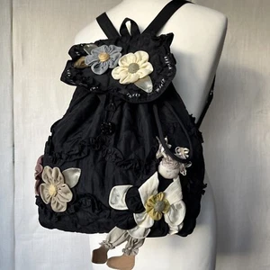 Black Fabric Backpack Drawstring Duffle Bag Doll & Flower Detail Novelty Unusual - Picture 1 of 19