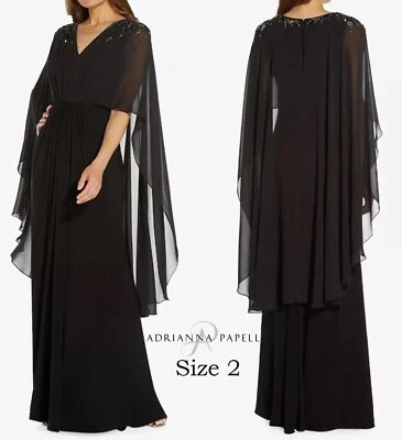 Adrianna Papell Black Embellished Cape Sleeve Chiffon Gown NWT Size 2 - Image 1 of 4