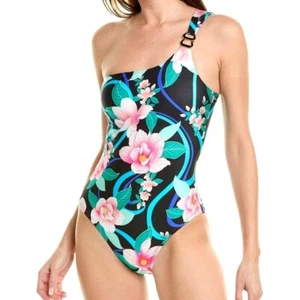 La Blanca One Piece Swimsuit 12 One Shoulder Floral Tropical Tummy Control NEW - Picture 1 of 8