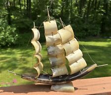 Vtg Hand Carved Nautical Sailing Ship Boat Made of Horn 3-Masts Gold Tone Wires